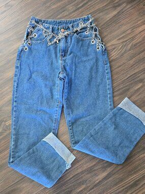 SHEIN Avante Garde Style Blue Denim Jeans with Chain Features SIZE S